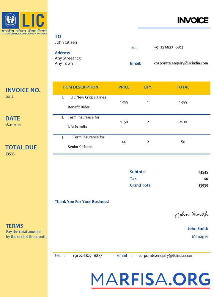 Printable USA LIC invoice template